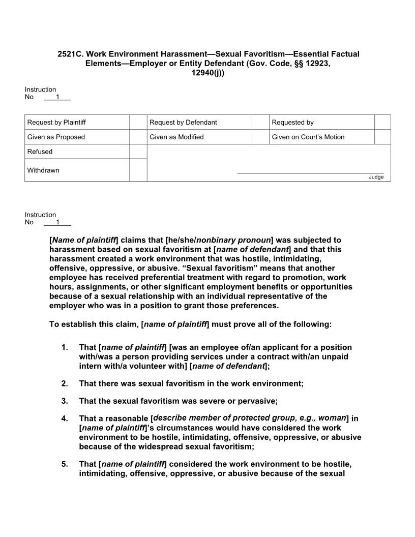 2521C. Work Environment Harassment Widespr Sex Favoritism Ess Fact Els Emplyr-Entity Deft | Pdf Docx | Jury Instructions