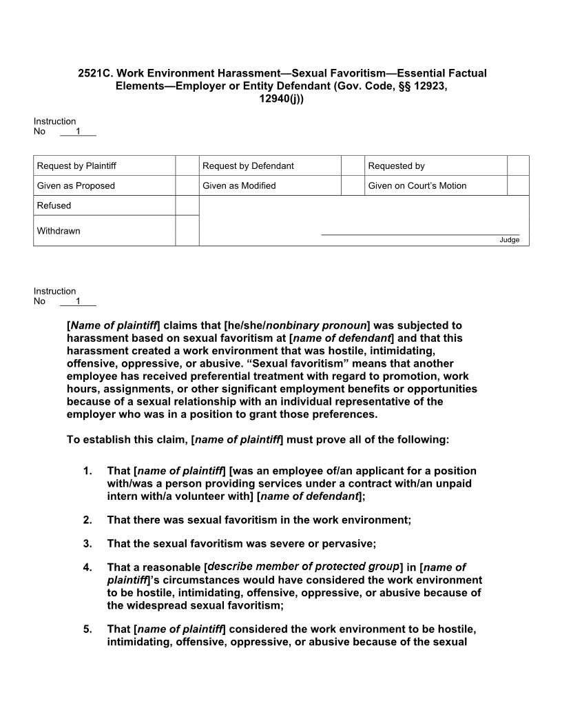 2521C. Work Environment Harassment Widespr Sex Favoritism Ess Fact Els Emplyr-Entity Deft | Pdf Docx | Jury Instructions