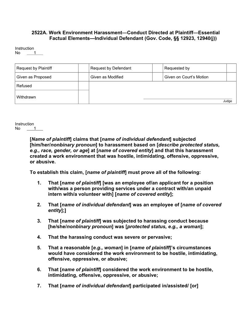 2522A. Work Environment Harassment Cond Dir. at Pltf Ess Fact Els Individual Deft | Pdf Docx | Jury Instructions