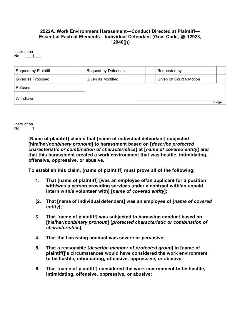 2522A. Work Environment Harassment Cond Dir. at Pltf Ess Fact Els Individual Deft | Pdf Docx | Jury Instructions