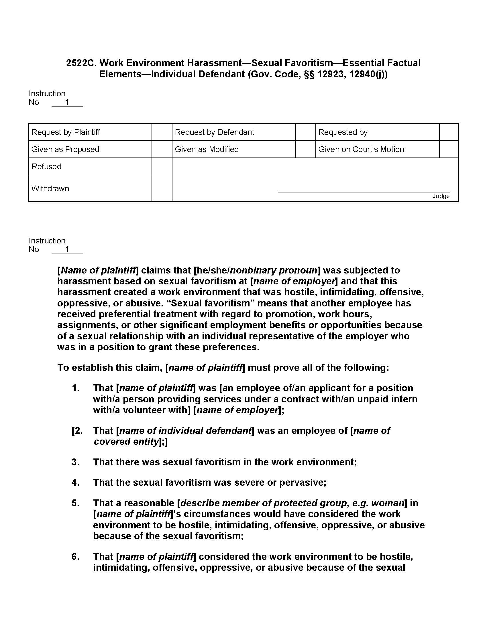 2522C. Work Environment Harassment Sexual Favoritism Essential Factual Elements Individual Defendant | Pdf Docx | Jury Instructions