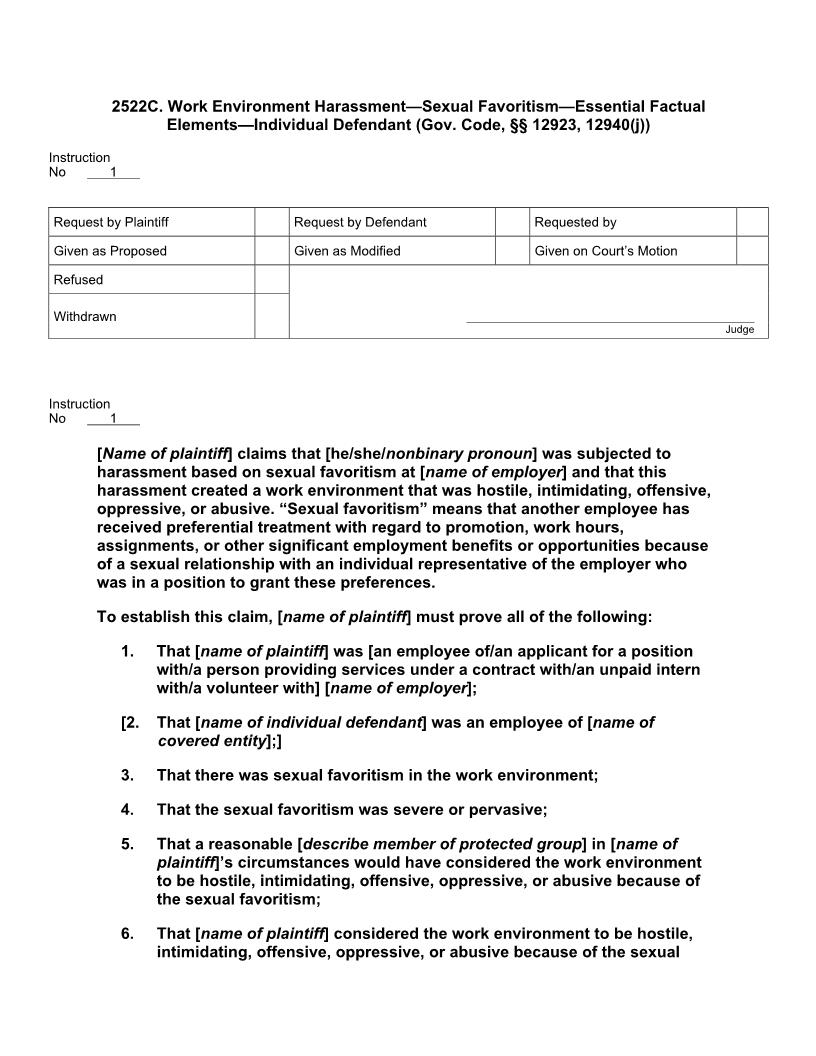 2522C. Work Environment Harassment Sexual Favoritism Essential Factual Elements Individual Defendant | Pdf Docx | Jury Instructions
