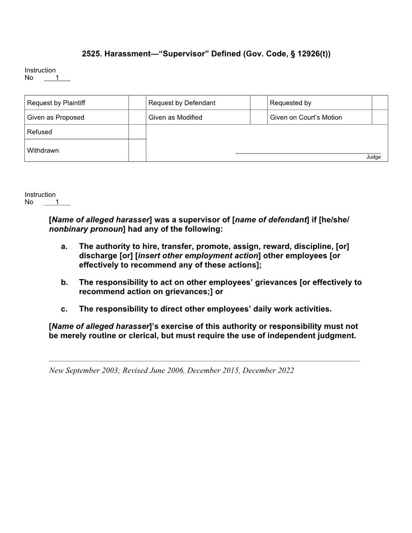 2525. Harassment Supervisor Defined (Gov. Code, 12926(t)) | Pdf Docx | Jury Instructions
