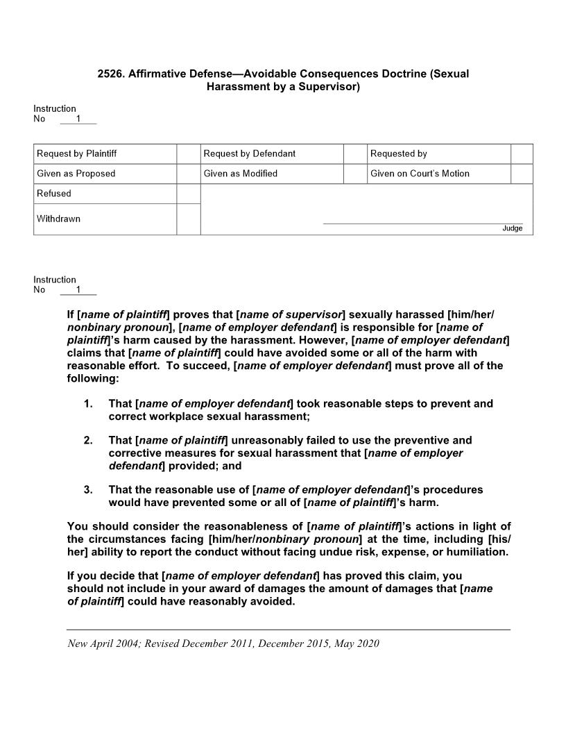 2526. Affirmative Defense Avoidable Consequences Doctrine (Sexual Harassment by a Supervisor) | Pdf Docx | Jury Instructions