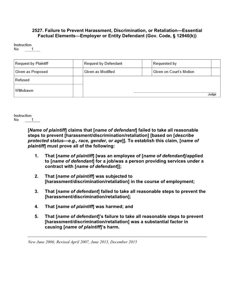 2527. Failure to Prevent Harassment Discrim. Ess. Factual Els. Employer-Entity Deft (Gov. Code, 12940(k)) | Pdf Docx | Jury Instructions