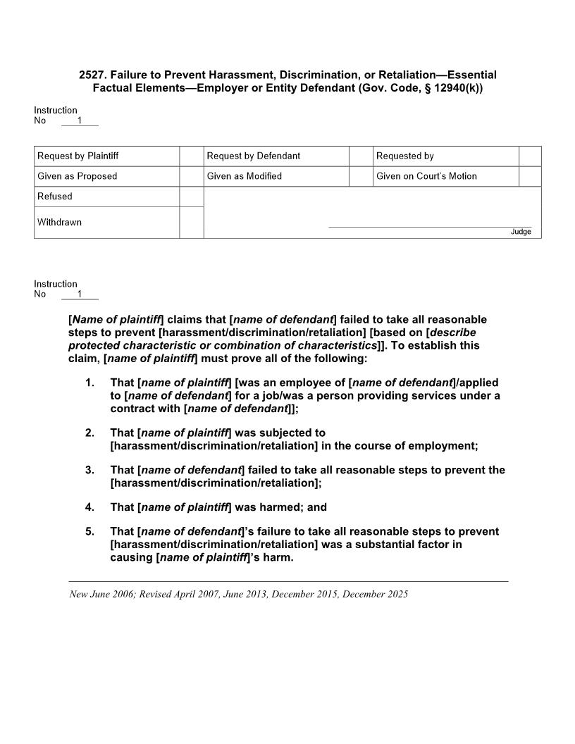 2527. Failure to Prevent Harassment Discrim. Ess. Factual Els. Employer-Entity Deft (Gov. Code, 12940(k)) | Pdf Docx | Jury Instructions