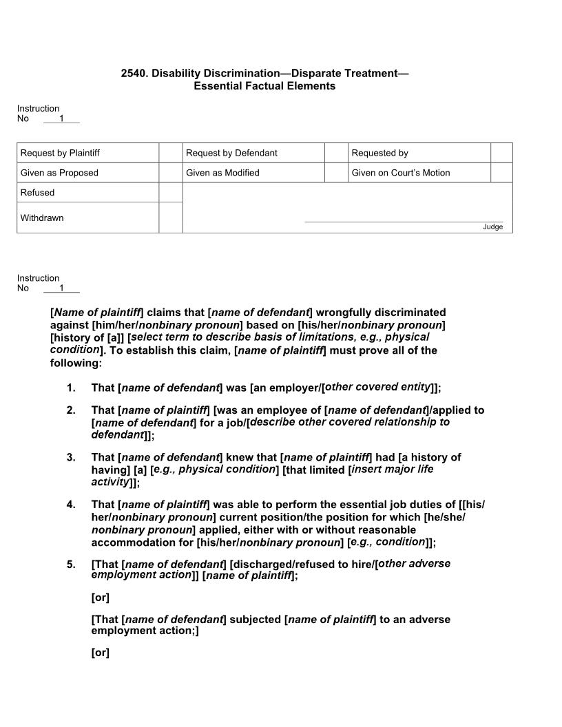2540. Disability Discrimination Disparate Treatment Essential Factual Elements | Pdf Docx | Jury Instructions