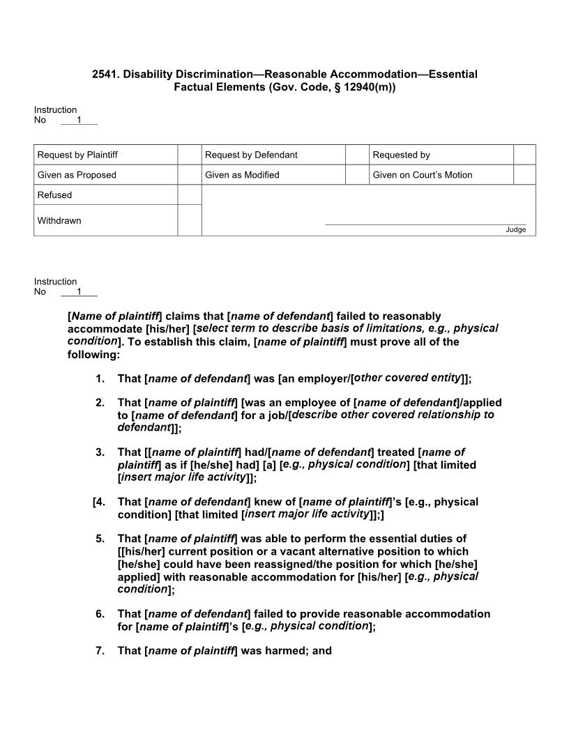 2541. Disability Discrimination Reasonable Accommodation Essential Factual Elements (Gov. Code, 12940(m)) | Pdf Docx | Jury Instructions