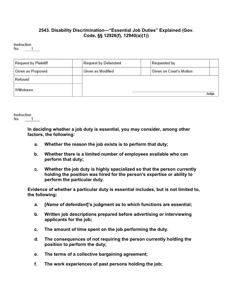 2543. Disability Discrimination Essential Job Duties Explained (Gov. Code 12926(f) 12940(a)(1)) | Pdf Docx | Jury Instructions