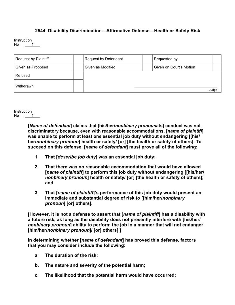 2544. Disability Discrimination Affirmative Defense Health or Safety Risk | Pdf Docx | Jury Instructions
