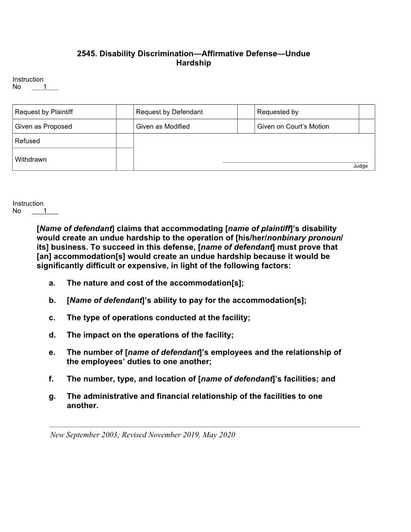 2545. Disability Discrimination-Affirmative Defense-Undue Hardship | Pdf Docx | Jury Instructions