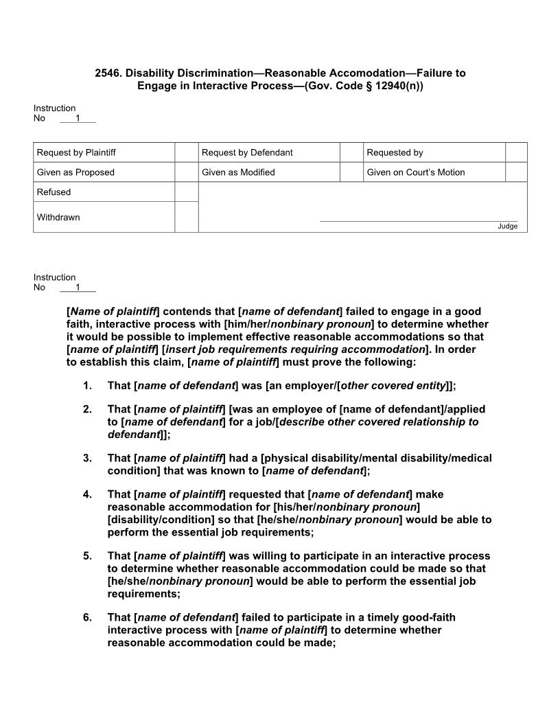 2546. Disability Discrimination Reasonable Accommodation Failure To Engage In Interactive Process | Pdf Docx | Jury Instructions