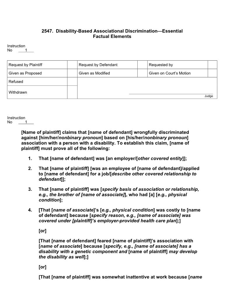 2547. Disability-Based Associational Discrimination Essential Factual Elements | Pdf Docx | Jury Instructions