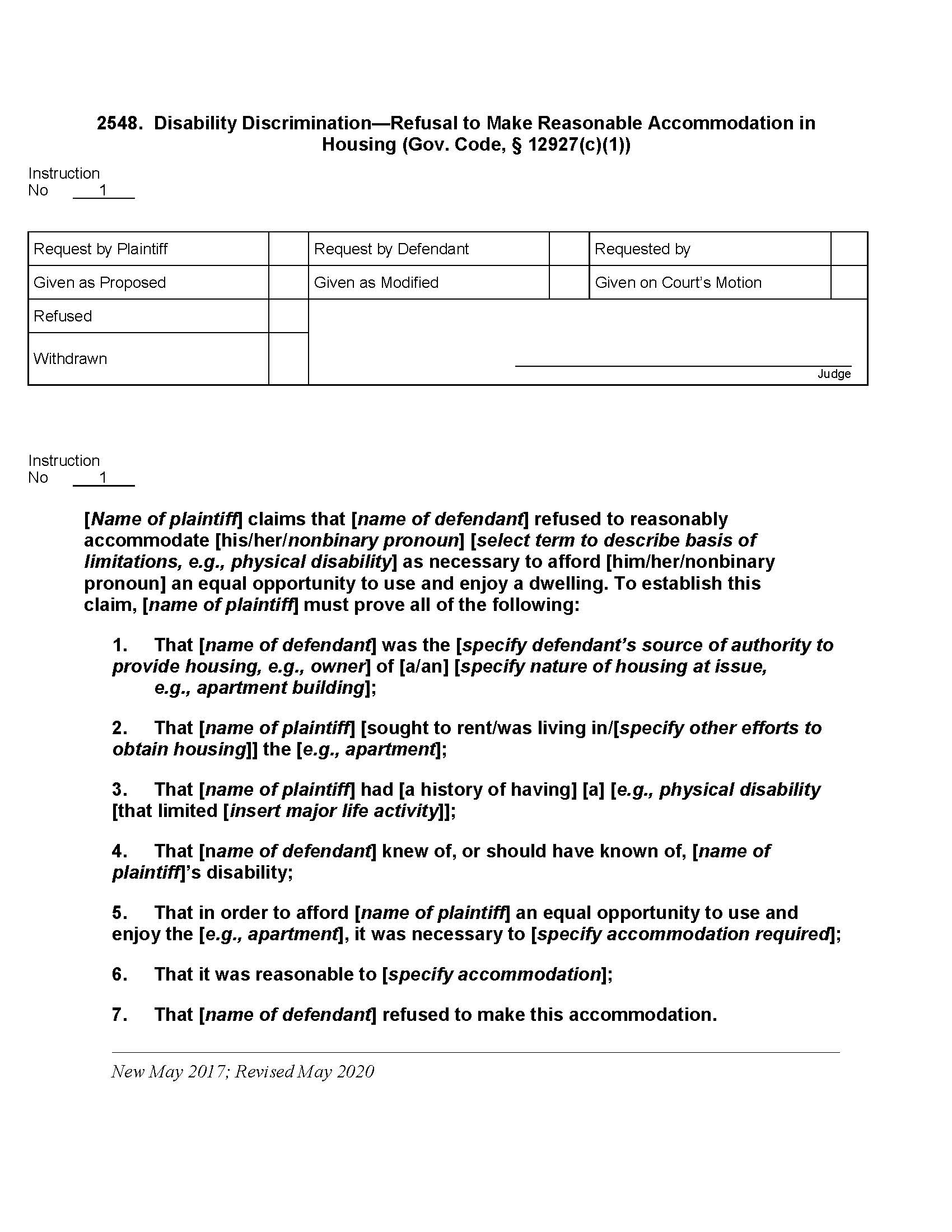 2548. Disability Discrimination-Refusal To Make Reasonable Accommodation In Housing | Pdf Docx | Jury Instructions