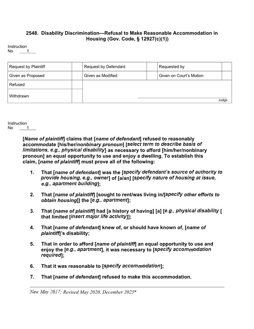 2548. Disability Discrimination-Refusal To Make Reasonable Accommodation In Housing | Pdf Docx | Jury Instructions