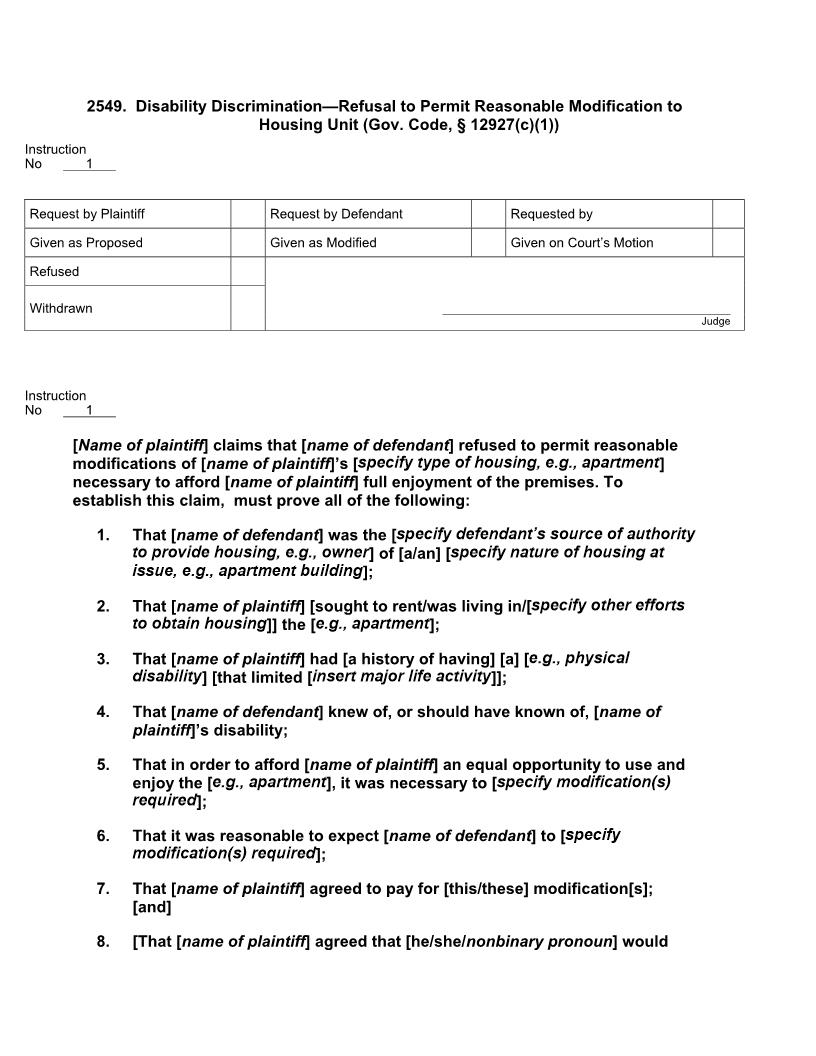 2549. Disability Discrimination-Refusal To Permit Reasonable Modification To Housing Unit | Pdf Docx | Jury Instructions