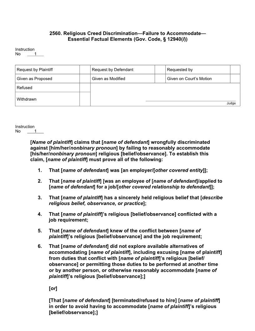 2560. Religious Creed Discrimination Failure to Accommodate Essential Factual Elements | Pdf Docx | Jury Instructions