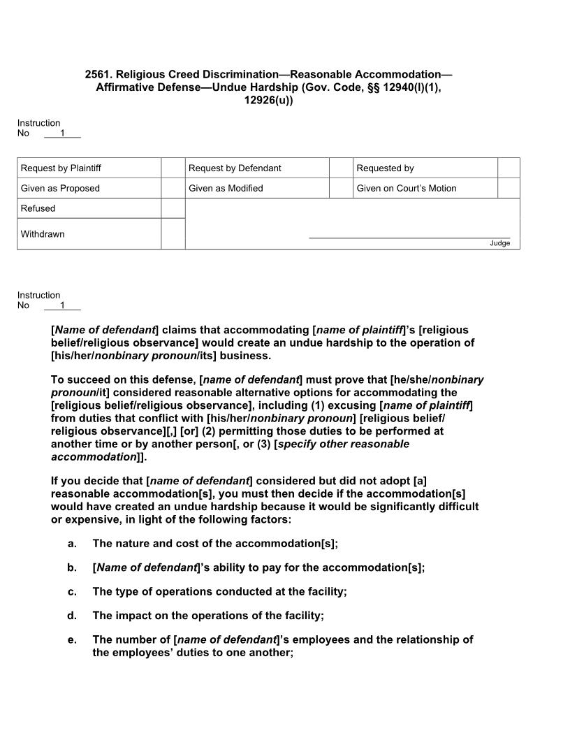 2561. Religious Creed Discrimination Reasonable Accommodation Affirmative Defense Undue Hardship | Pdf Docx | Jury Instructions