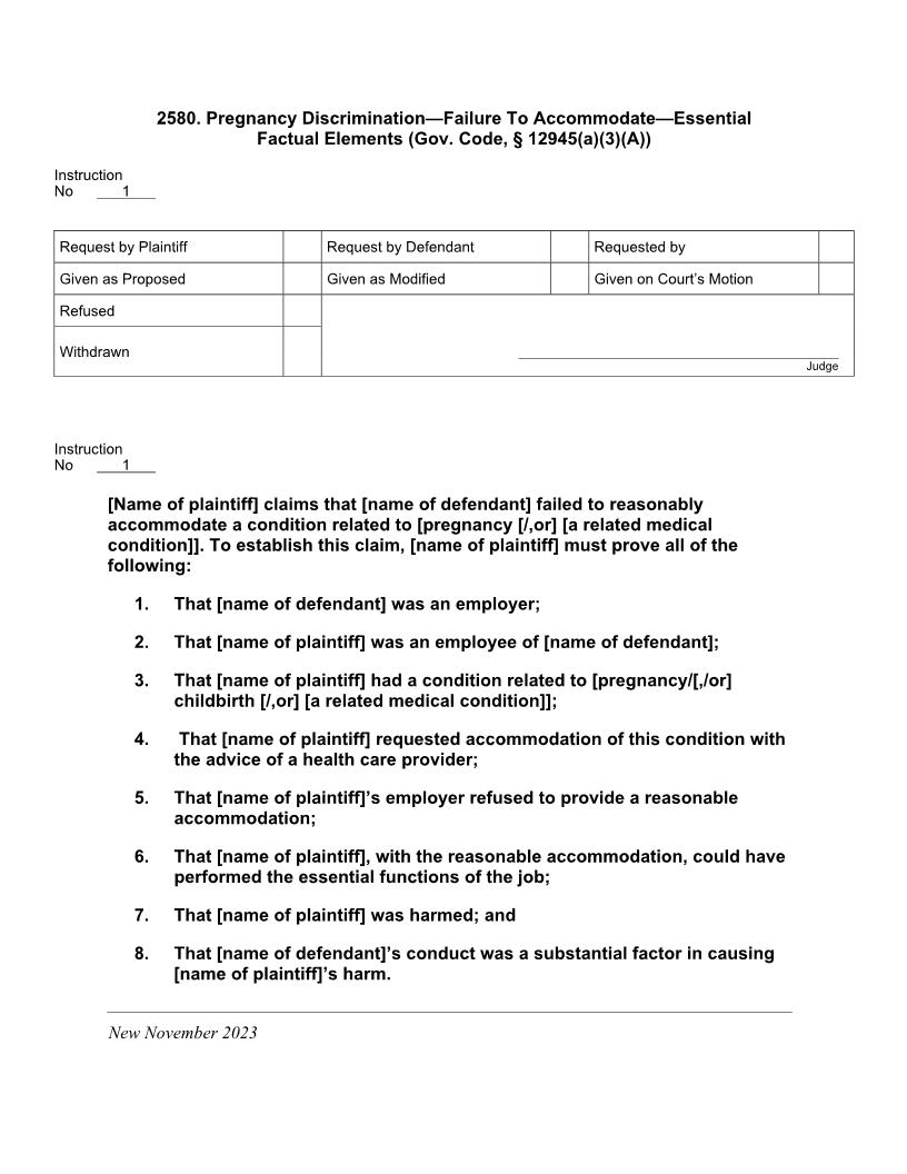 2580. Pregnancy Discrimination Failure To Accommodate Essential Factual Elements | Pdf Docx | Jury Instructions