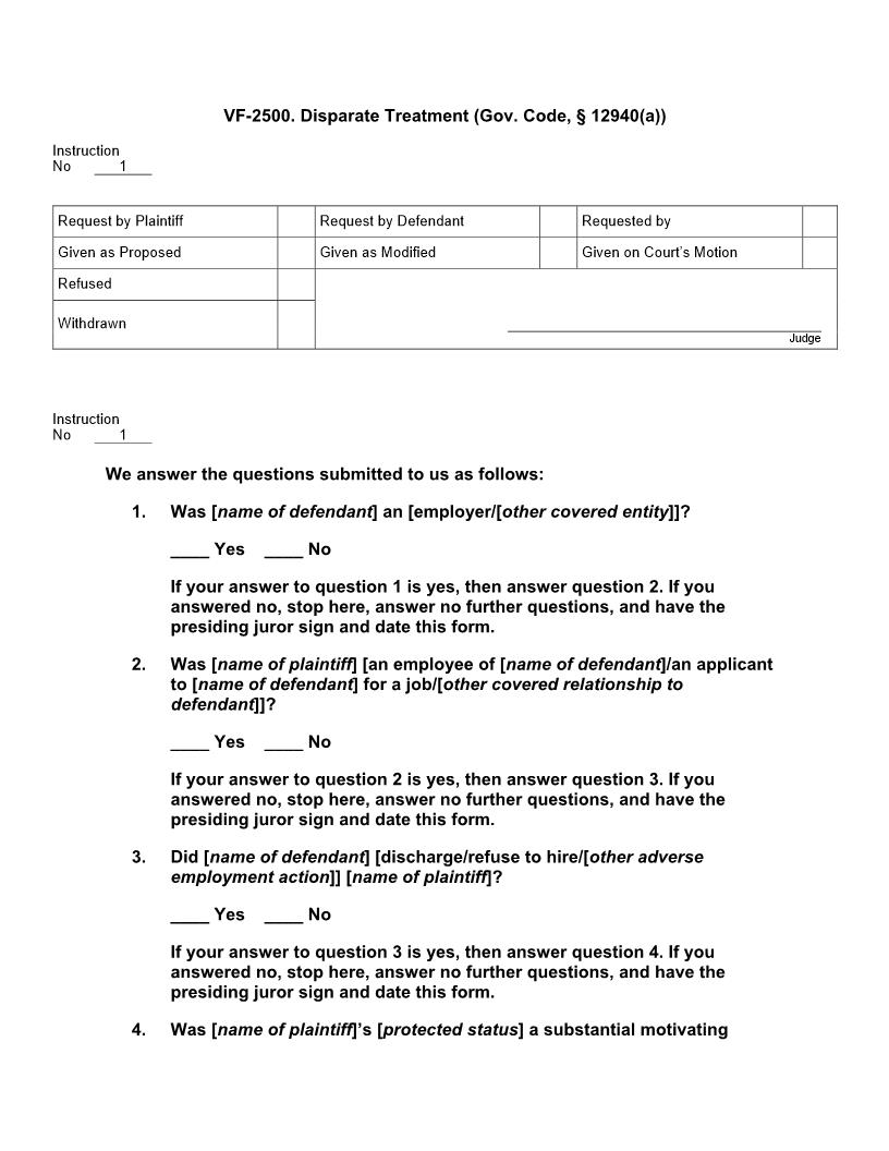 VF 2500. Disparate Treatment (Gov. Code, § 12940(a)) | Pdf Doc Docx | Jury Instructions