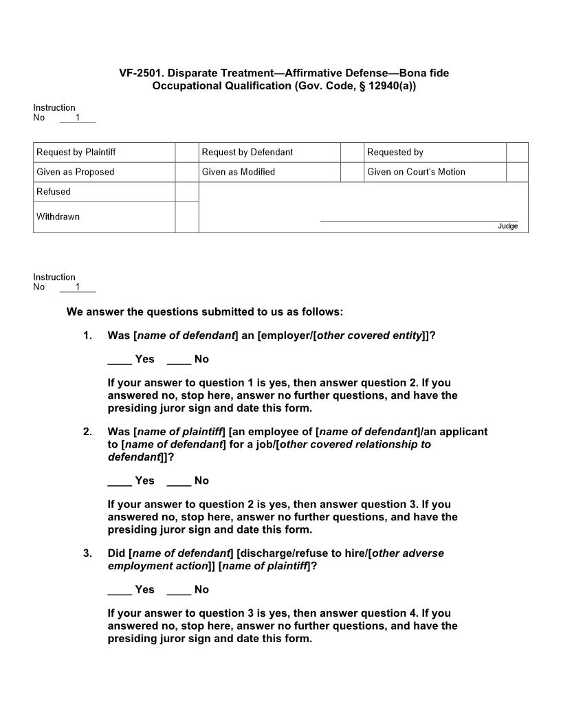 VF 2501. Disparate Treatment - Affirmative Defense - Bona Fide Occupational Qualification | Pdf Doc Docx | Jury Instructions