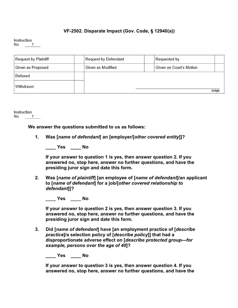 VF 2502. Disparate Impact (Gov. Code, § 12940(a)) | Pdf Doc Docx | Jury Instructions