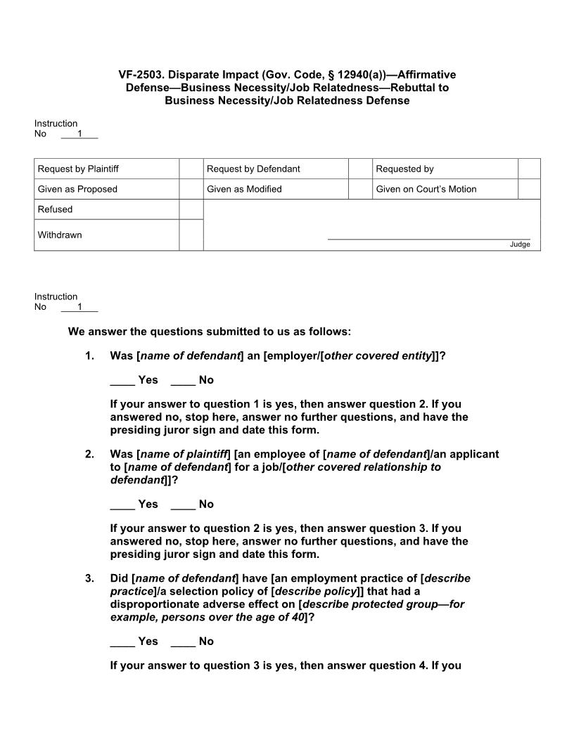 VF 2503. Disparate Impact (Gov Code §12940(a)) Aff Def Bus Necessity Job Relatedness Rebuttal to Def | Pdf Doc Docx | Jury Instructions