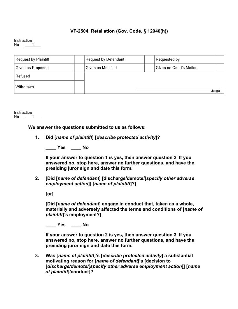 VF 2504. Retaliation (Gov. Code, § 12940(h)) | Pdf Doc Docx | Jury Instructions