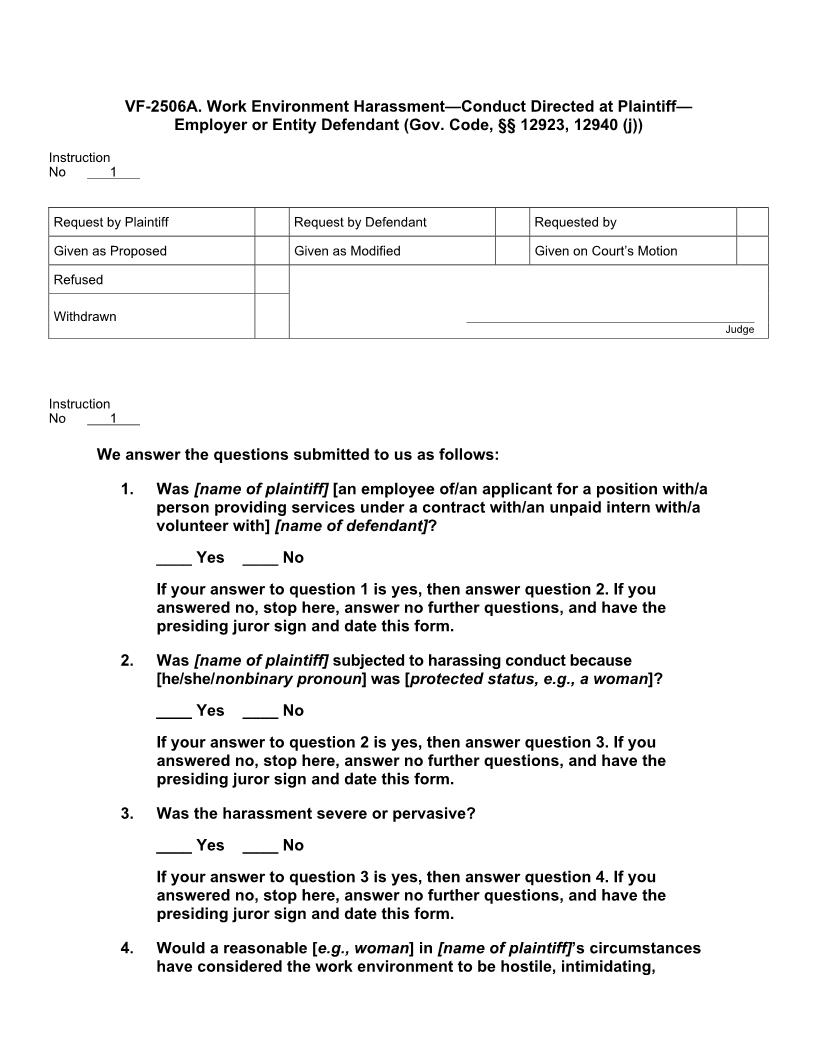 VF 2506A. Work Environment Harassment - Conduct Directed At Plaintiff - Employer-Entity Defendant | Pdf Doc Docx | Jury Instructions