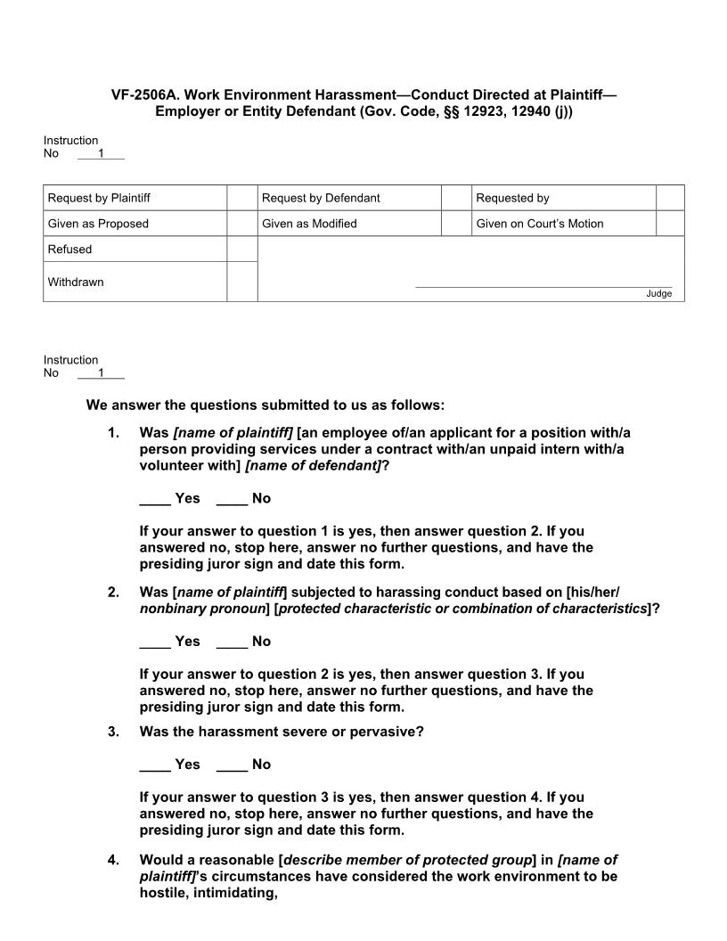 VF 2506A. Work Environment Harassment - Conduct Directed At Plaintiff - Employer-Entity Defendant | Pdf Doc Docx | Jury Instructions
