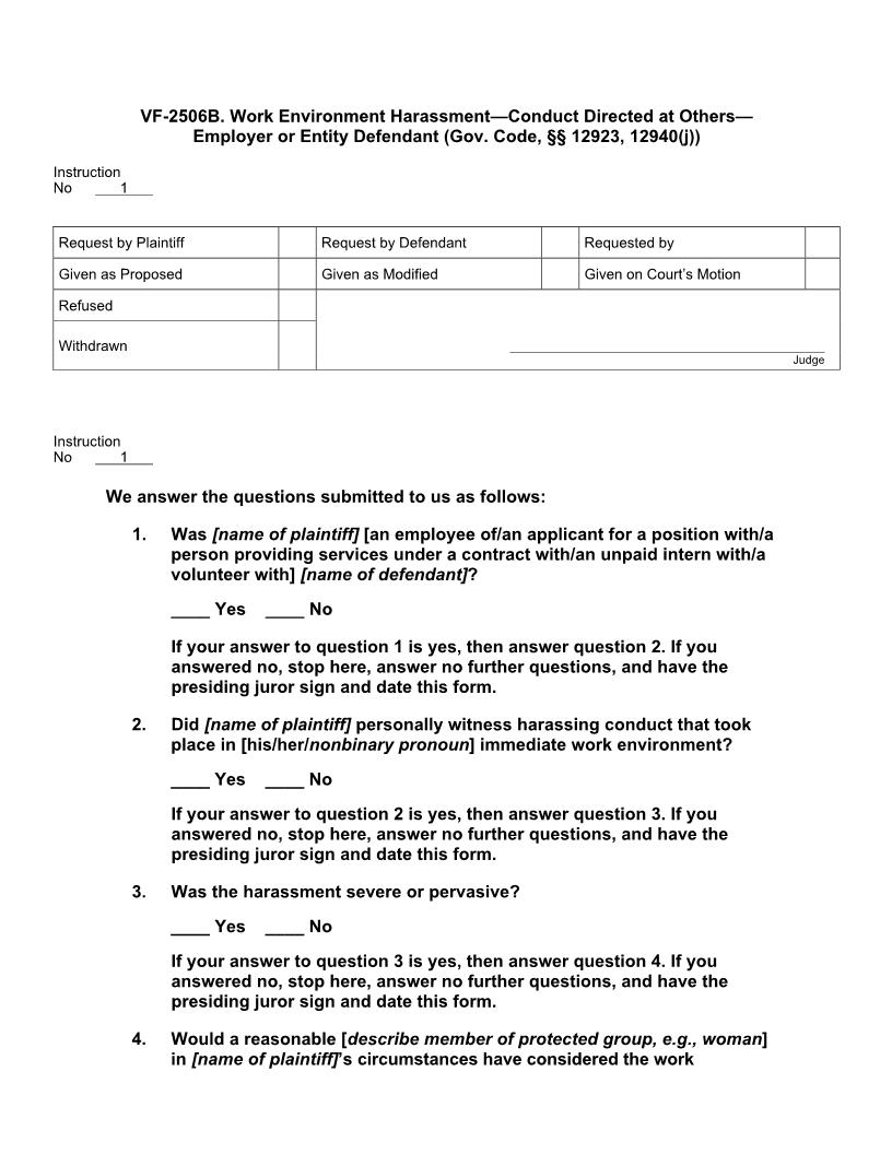 VF 2506B. Work Environment Harassment - Conduct Directed At Others - Employer-Entity Defendant | Pdf Doc Docx | Jury Instructions