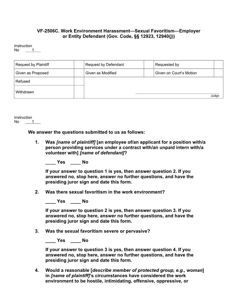 VF 2506C. Work Environment Harassment - Sexual Favoritism - Employer Or Entity Defendant | Pdf Doc Docx | Jury Instructions