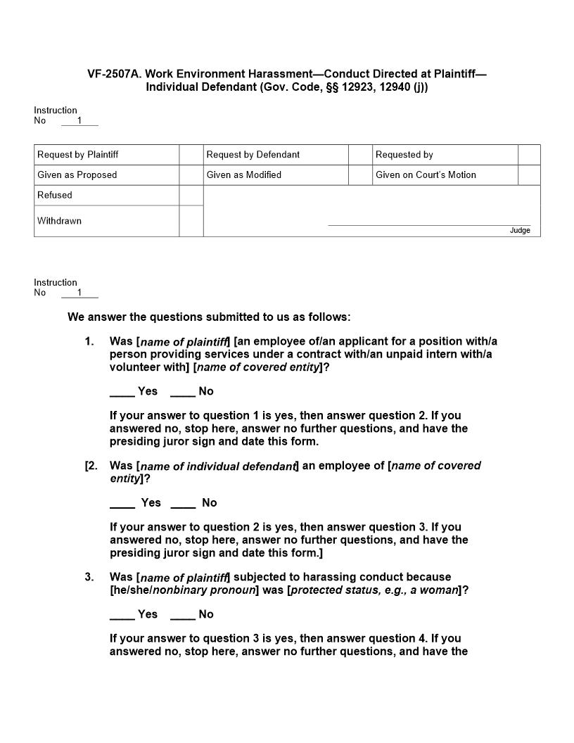 VF 2507A. Work Environment Harassment - Conduct Directed At Plaintiff - Individual Defendant | Pdf Doc Docx | Jury Instructions