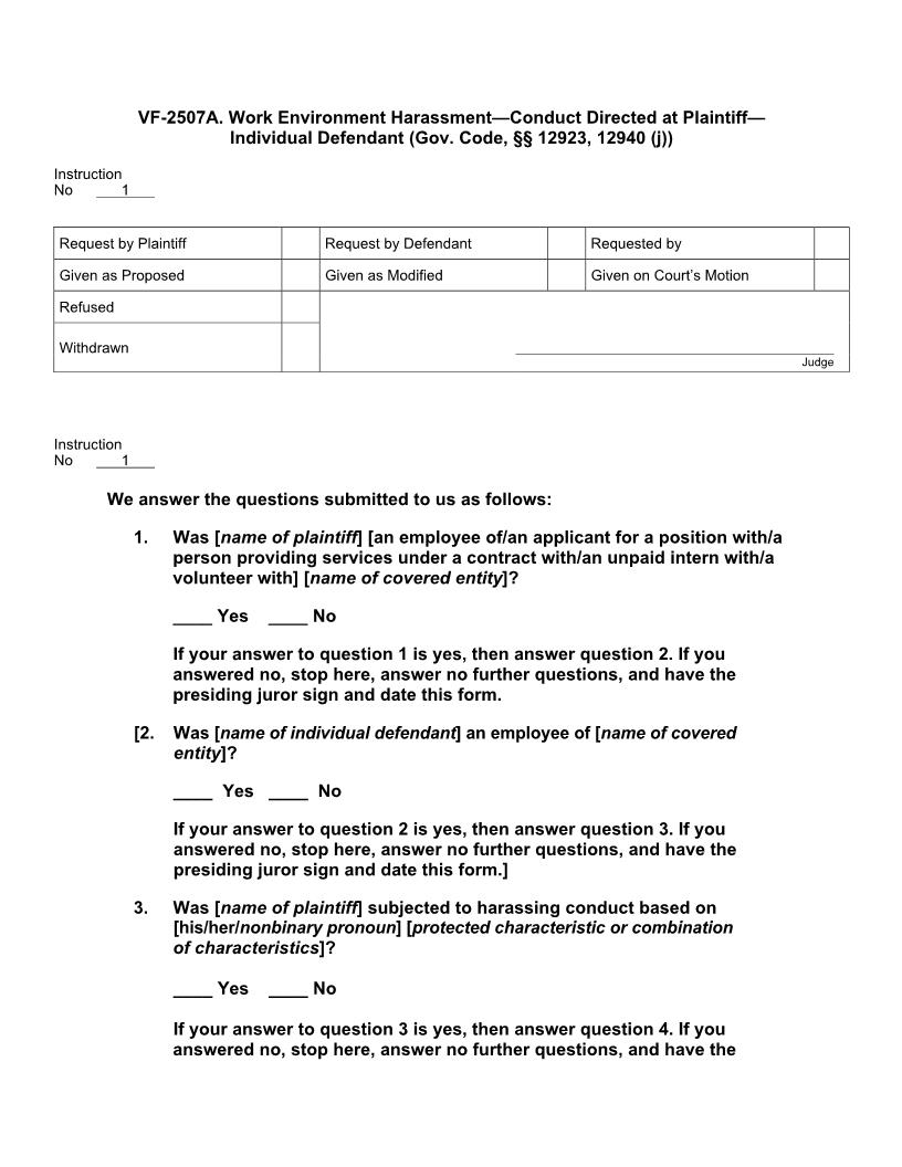 VF 2507A. Work Environment Harassment - Conduct Directed At Plaintiff - Individual Defendant | Pdf Doc Docx | Jury Instructions