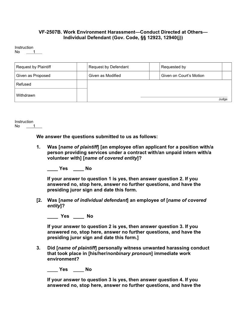 VF 2507B. Work Environment Harassment - Conduct Directed At Others - Individual Defendant | Pdf Doc Docx | Jury Instructions