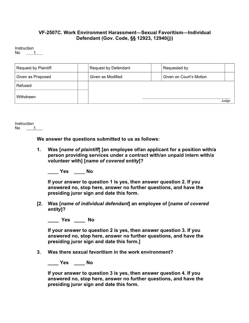 VF 2507C. Work Environment Harassment - Sexual Favoritism - Individual Defendant | Pdf Doc Docx | Jury Instructions