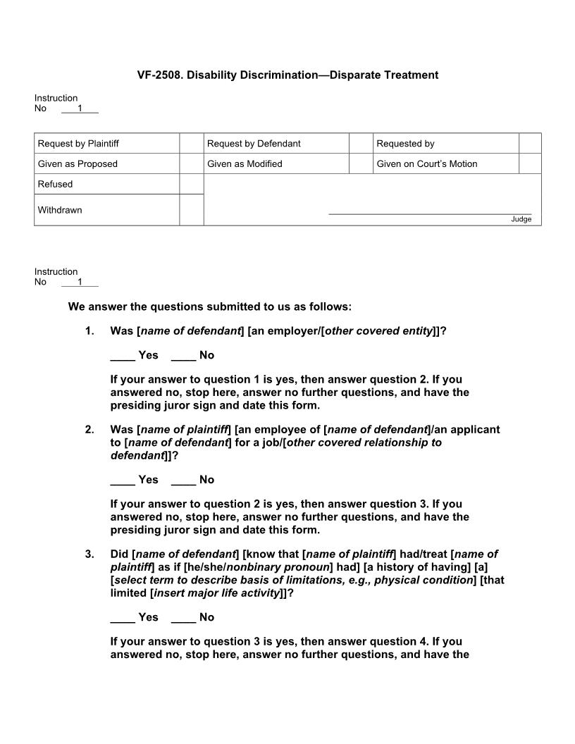 VF 2508. Disability Discrimination Disparate Treatment | Pdf Doc Docx | Jury Instructions