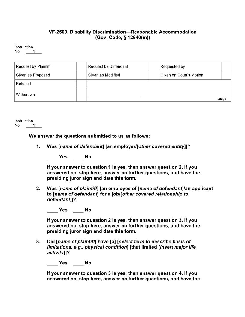 VF 2509. Disability Discrimination Reasonable Accommodation (Gov. Code, § 12940(m)) | Pdf Doc Docx | Jury Instructions