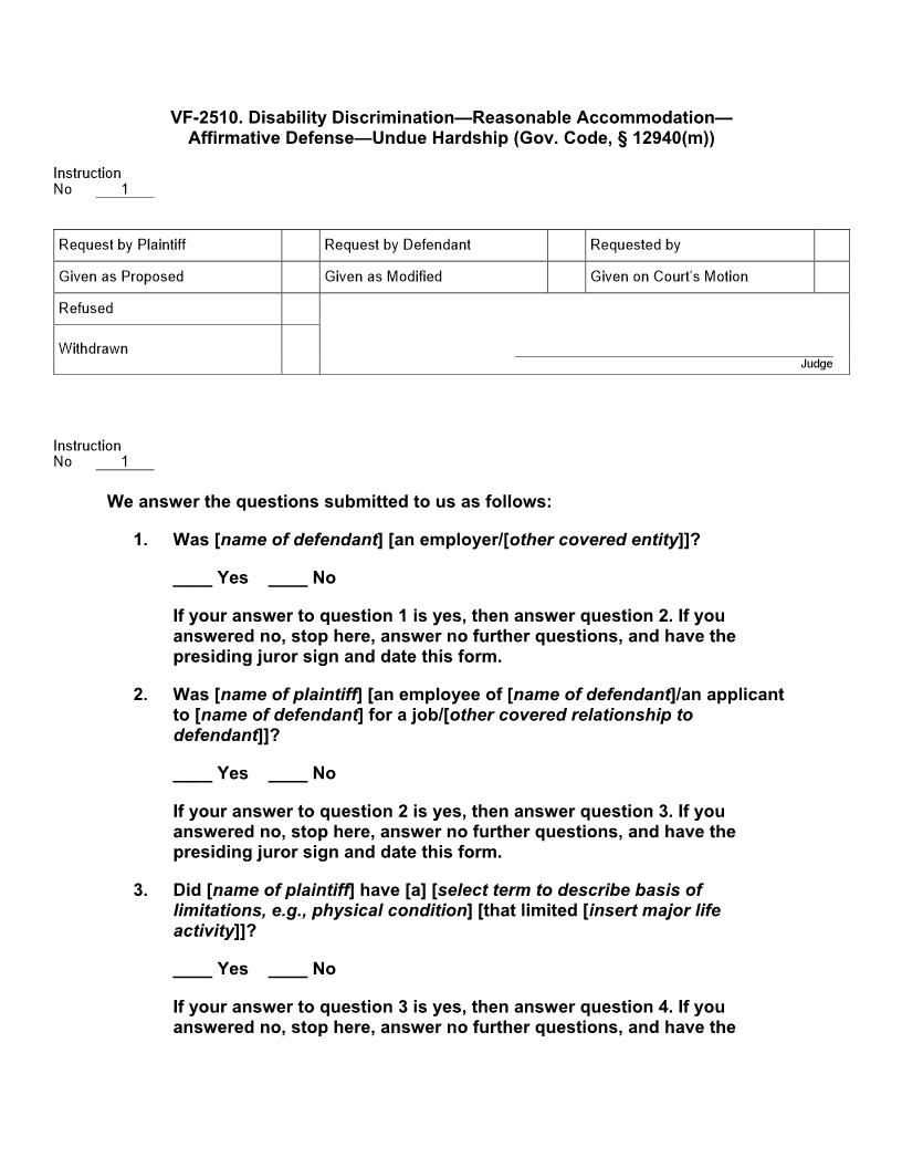 VF 2510. Disability Discrimination - Reasonable Accommodation - Affirmative Defense - Undue Hardship | Pdf Doc Docx | Jury Instructions