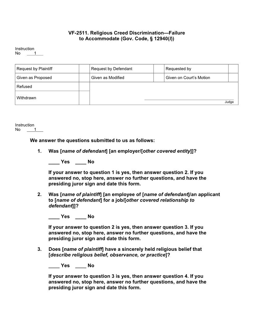 VF 2511. Religious Creed Discrimination Failure to Accommodate (Gov. Code, § 12940(l)) | Pdf Doc Docx | Jury Instructions