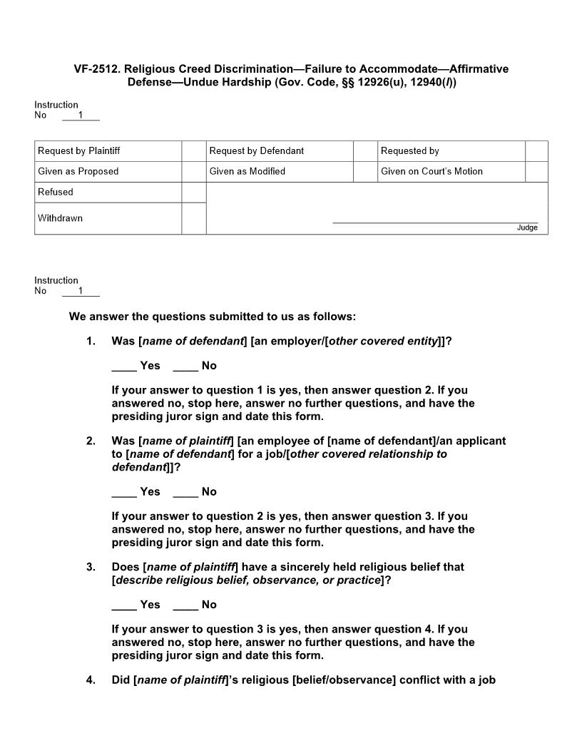 VF 2512. Religious Creed Discrimination Failure To Accommodate Affirmative Defense Undue Hardship | Pdf Doc Docx | Jury Instructions