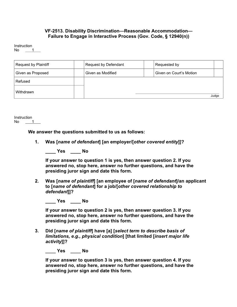 VF 2513. Disability Discrimination - Reasonable Accommodation - Failure To Engage In Interactive Process | Pdf Doc Docx | Jury Instructions