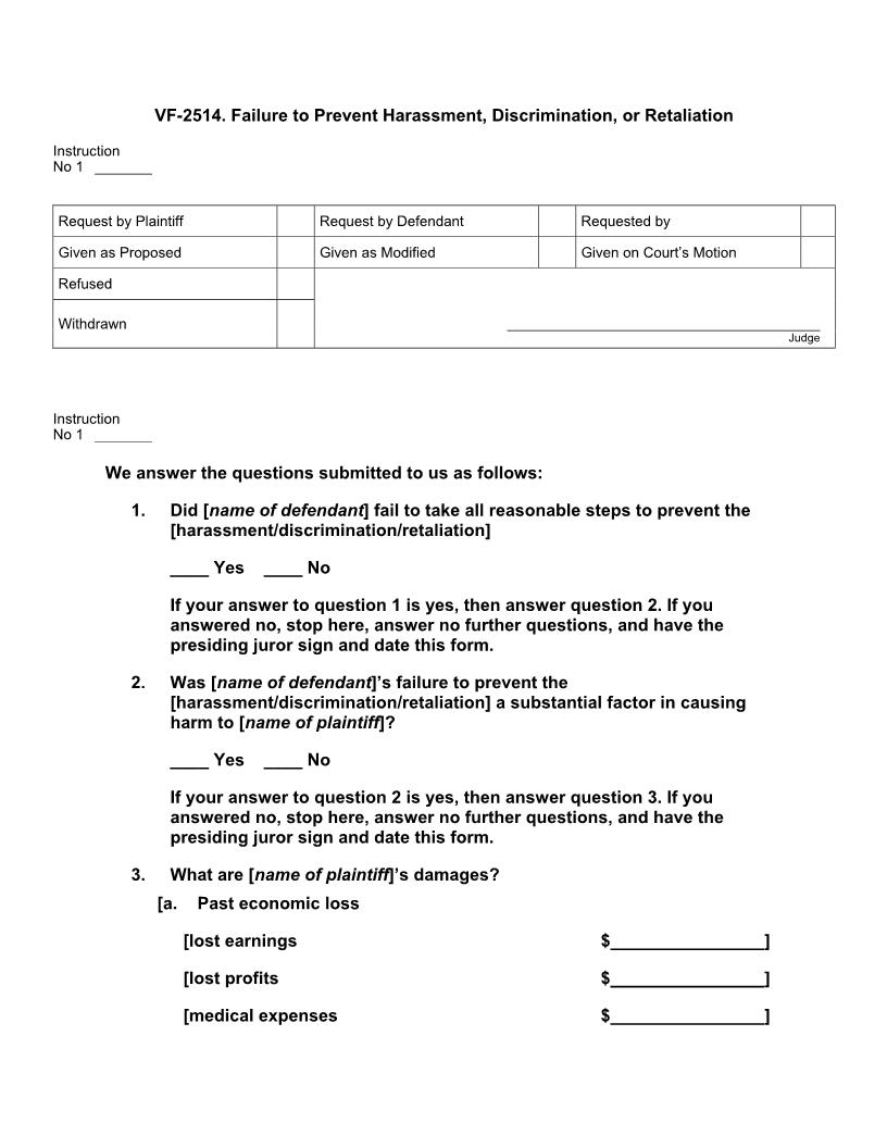 VF 2514. Failure to Prevent Harassment Discrimination or Retaliation | Pdf Doc Docx | Jury Instructions