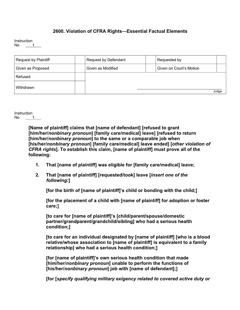 2600. Violation of CFRA Rights Essential Factual Elements | Pdf Docx | Jury Instructions
