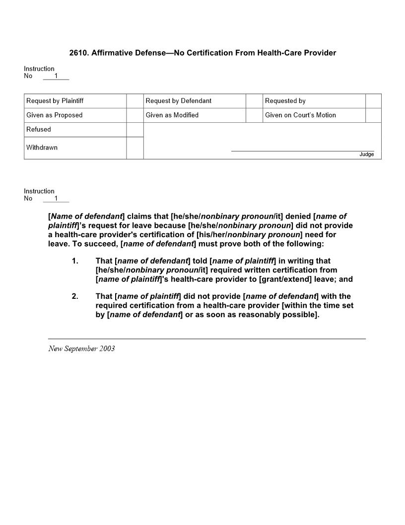 2610. Affirmative Defense No Certification From Health-Care Provider | Pdf Docx | Jury Instructions