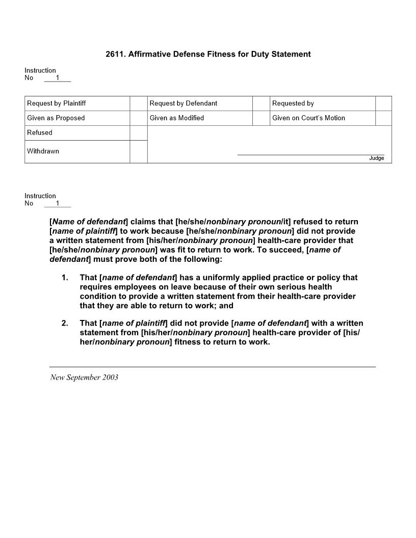2611. Affirmative Defense Fitness for Duty Statement | Pdf Docx | Jury Instructions