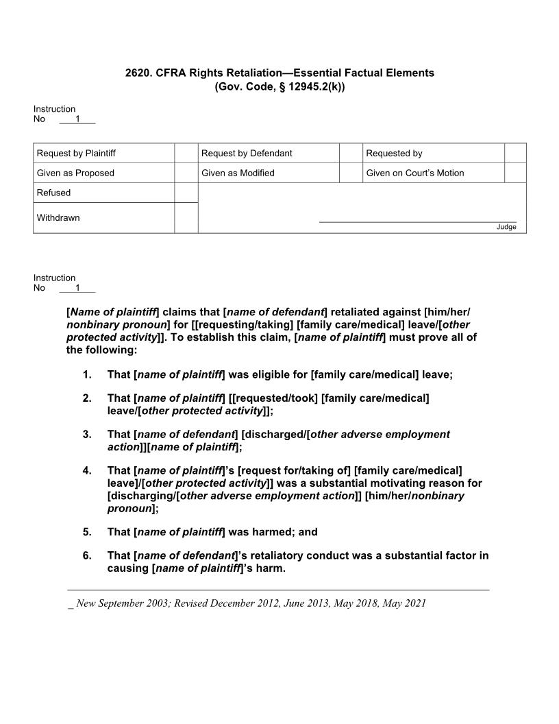 2620. CFRA Rights Retaliation Essential Factual Elements (Gov. Code, 12945.2(k)) | Pdf Docx | Jury Instructions