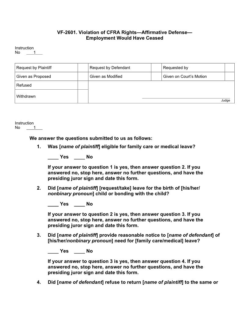 VF 2601. Violation of CFRA Rights Affirmative Defense Employment Would Have Ceased | Pdf Docx | Jury Instructions