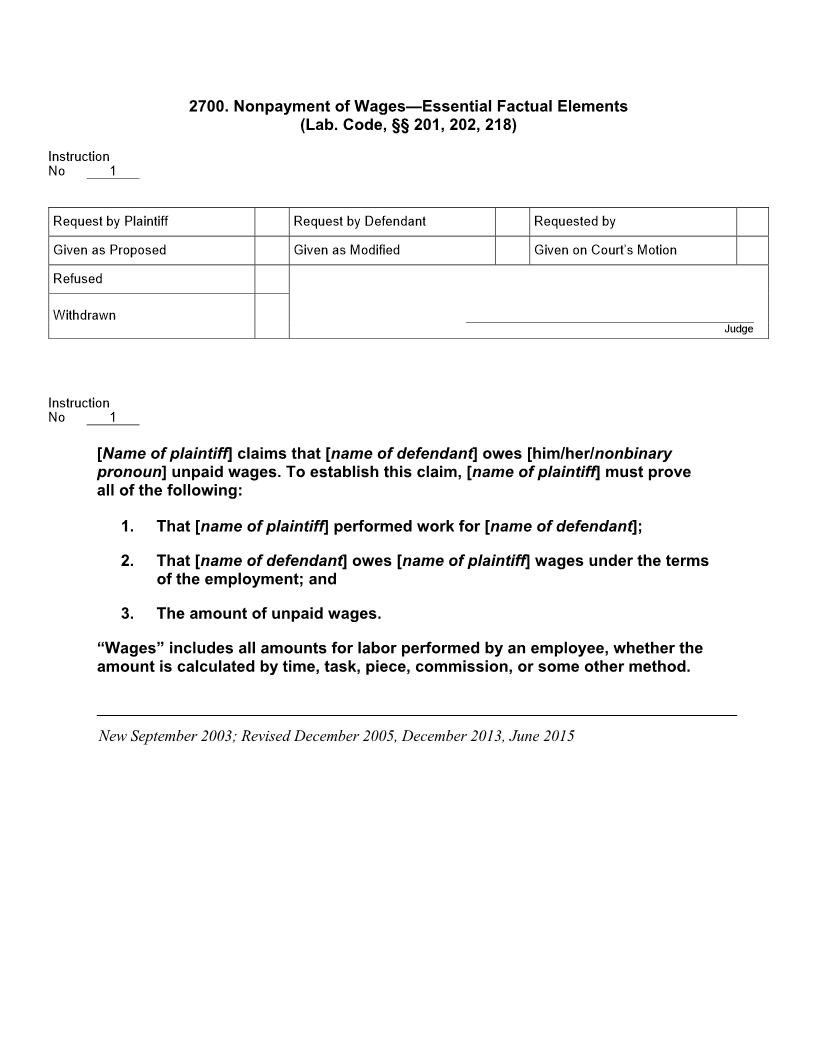 2700. Nonpayment of Wages Essential Factual Elements | Pdf Docx | Jury Instructions