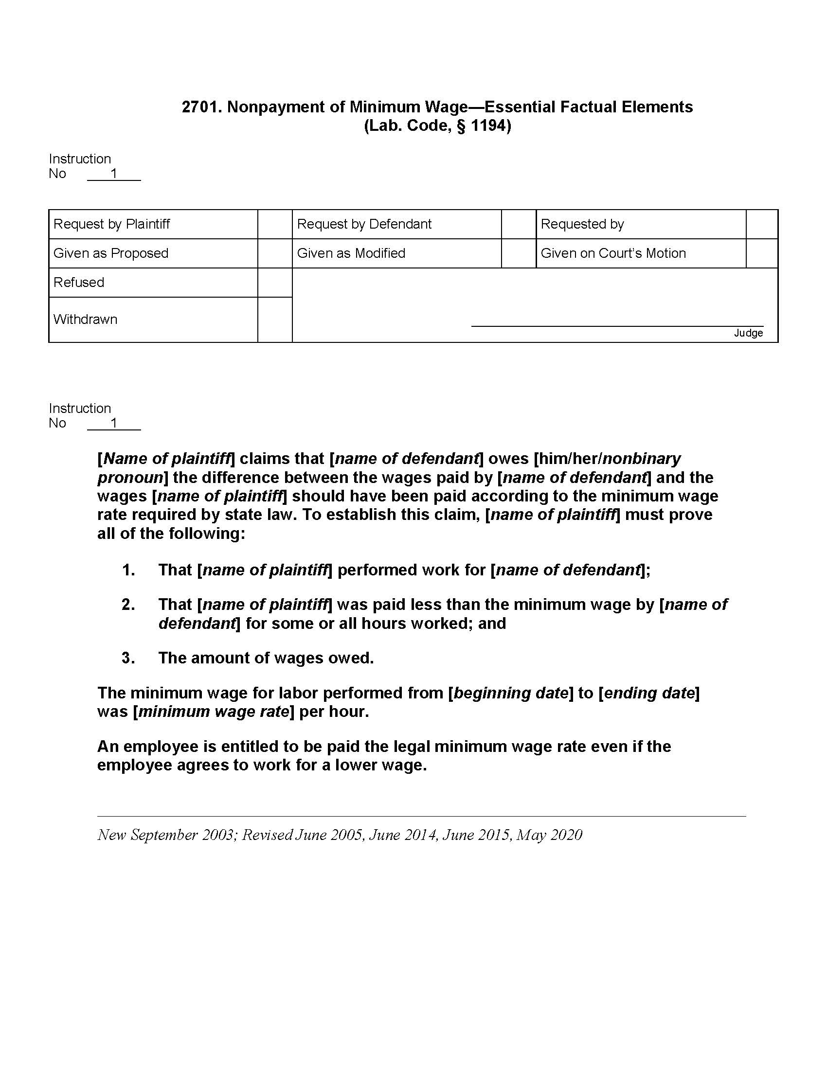 2701. Nonpayment of Minimum Wage Essential Factual Elements | Pdf Docx | Jury Instructions
